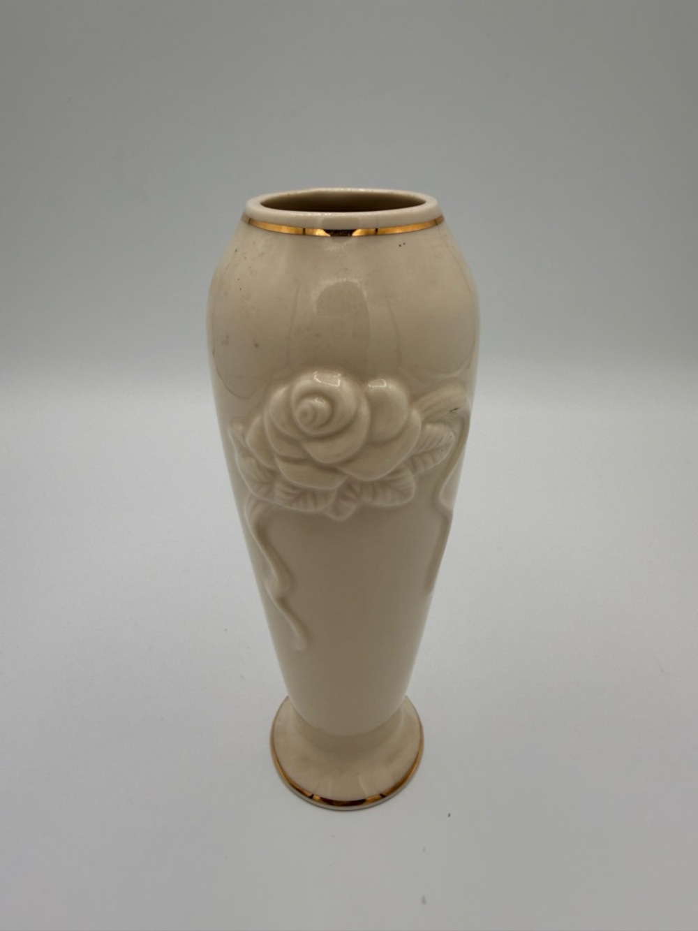Lenox Cream Ceramic Bud Vase with Raised Rose and Gold Trim